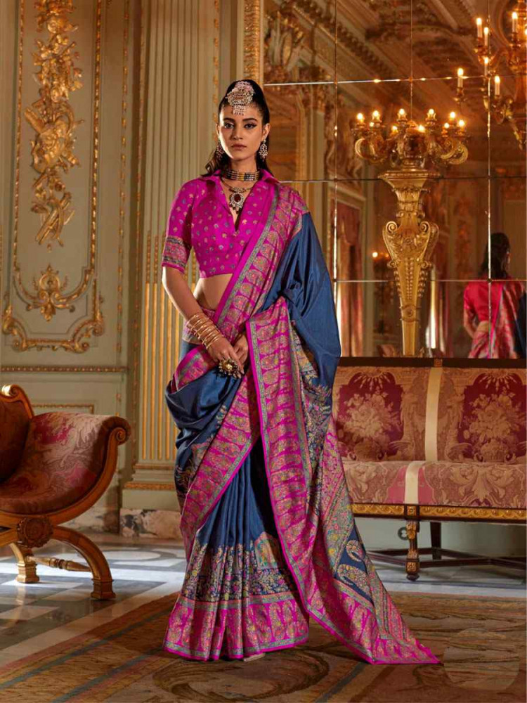 Image of Blue Silk Printed Festival Wedding Fancy Heavy Border Saree