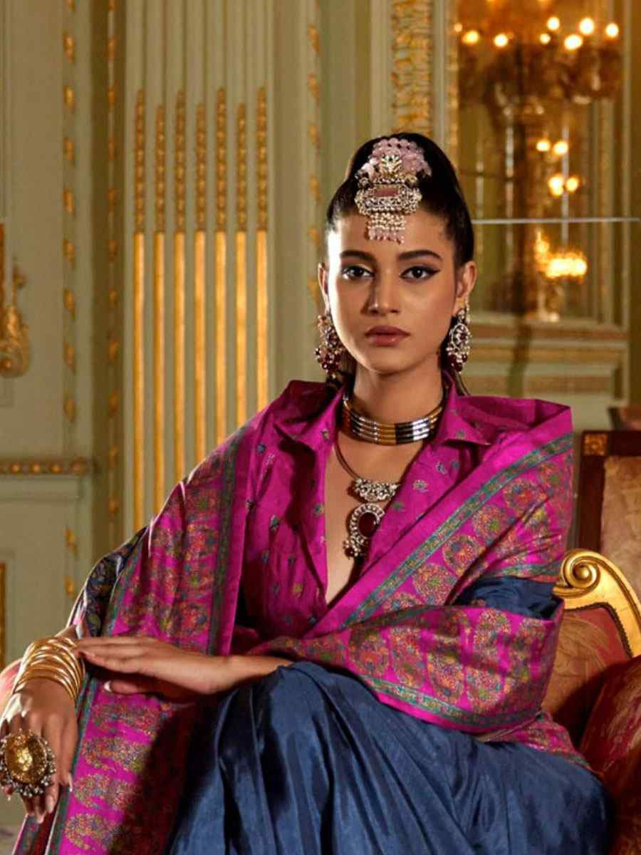 Blue Silk Printed Festival Wedding Fancy Heavy Border Saree