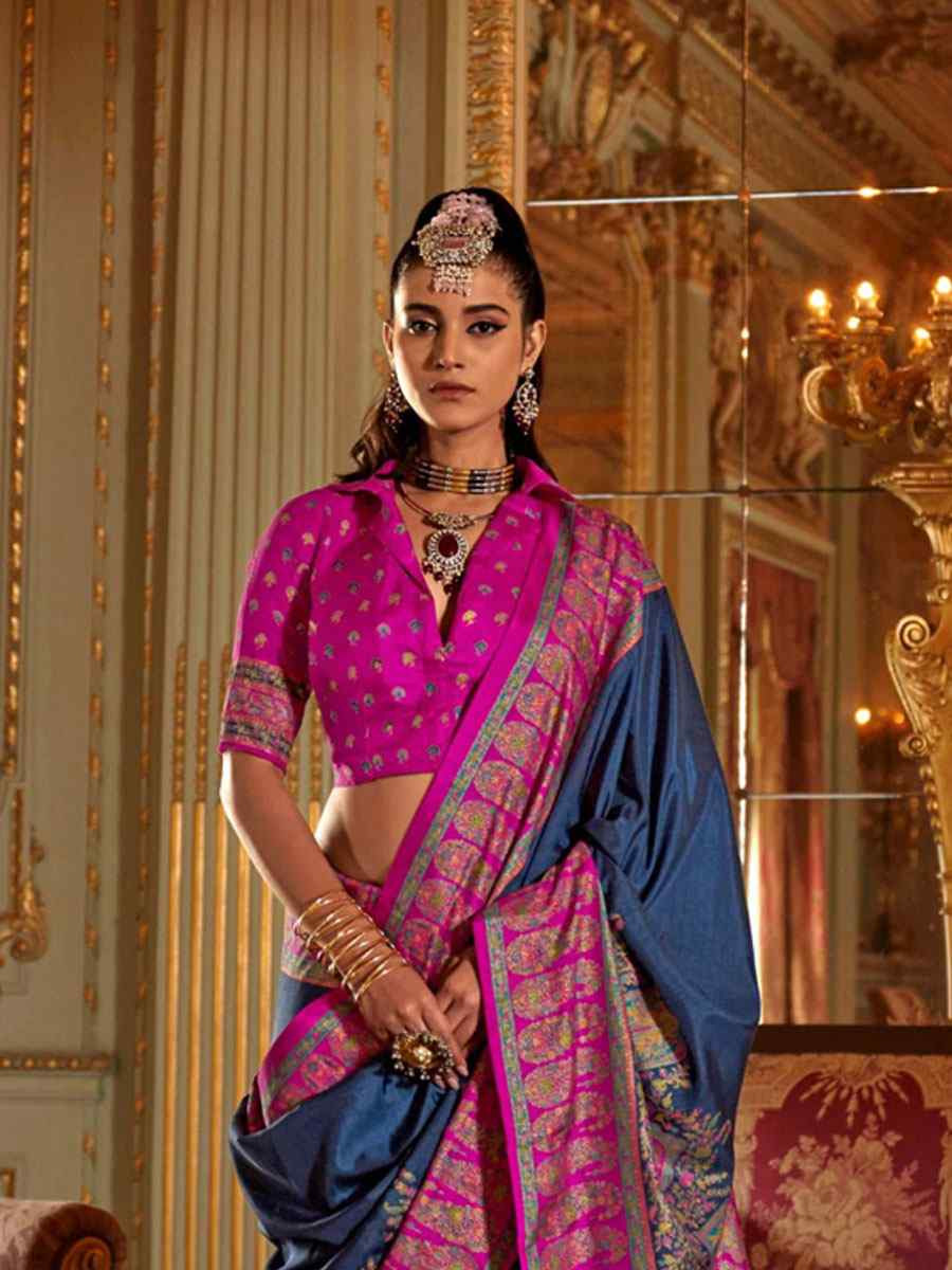 Blue Silk Printed Festival Wedding Fancy Heavy Border Saree