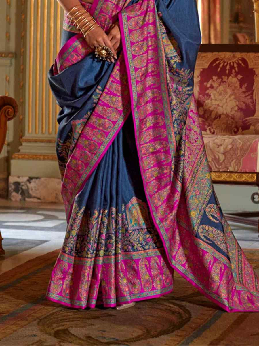 Blue Silk Printed Festival Wedding Fancy Heavy Border Saree