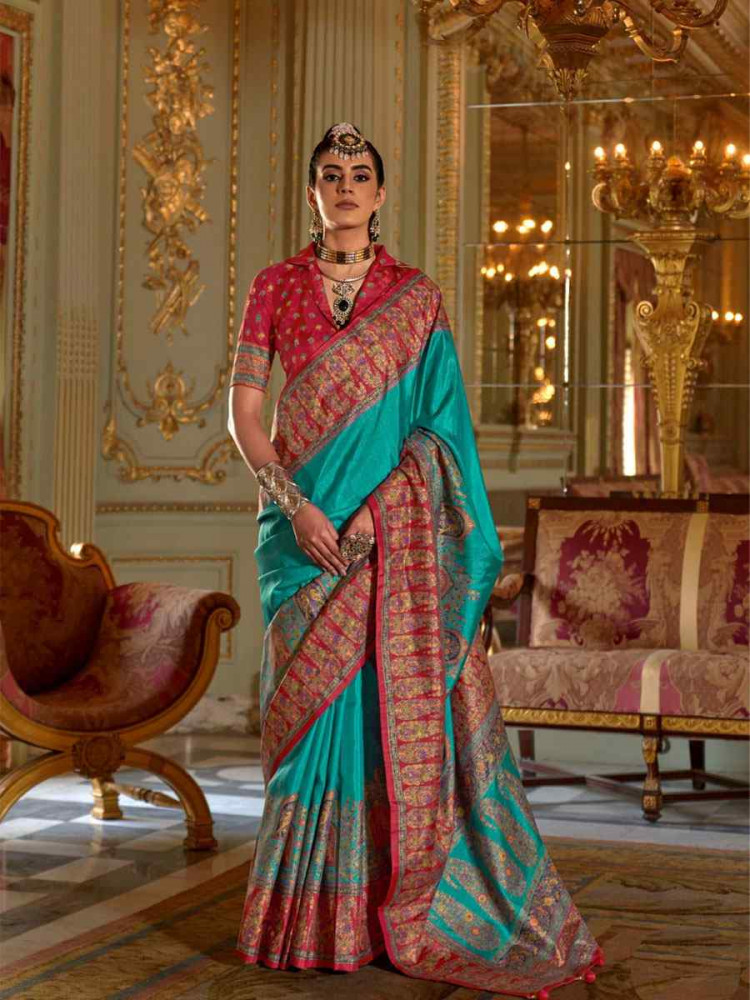 Image of Blue Silk Printed Festival Wedding Fancy Heavy Border Saree