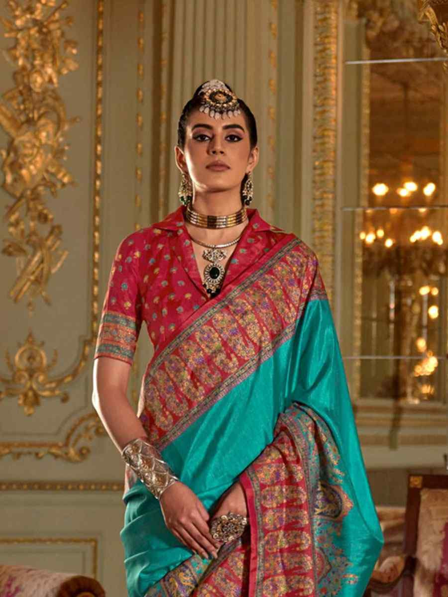 Blue Silk Printed Festival Wedding Fancy Heavy Border Saree