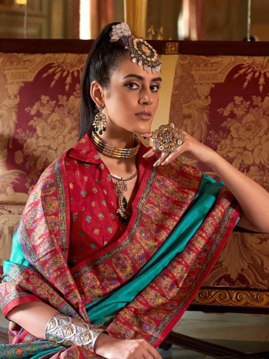 Blue Silk Printed Festival Wedding Fancy Heavy Border Saree