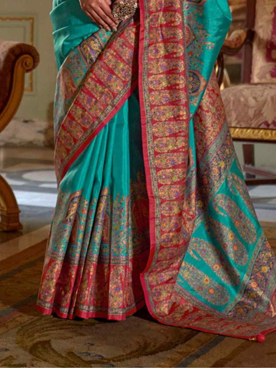 Blue Silk Printed Festival Wedding Fancy Heavy Border Saree