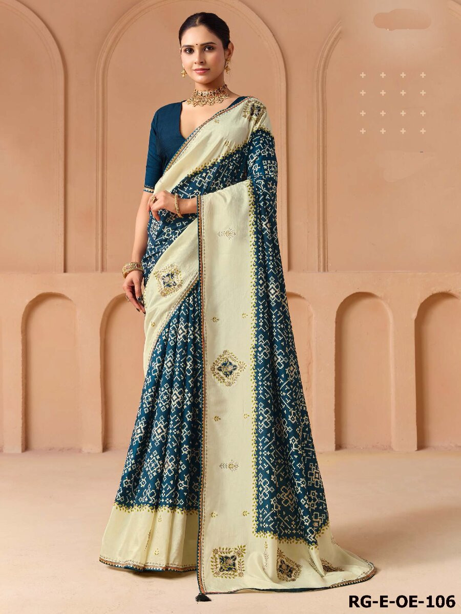 Blue Silk Printed Stone Work Wedding Reception Party Festival Casual Heavy Border Sarees