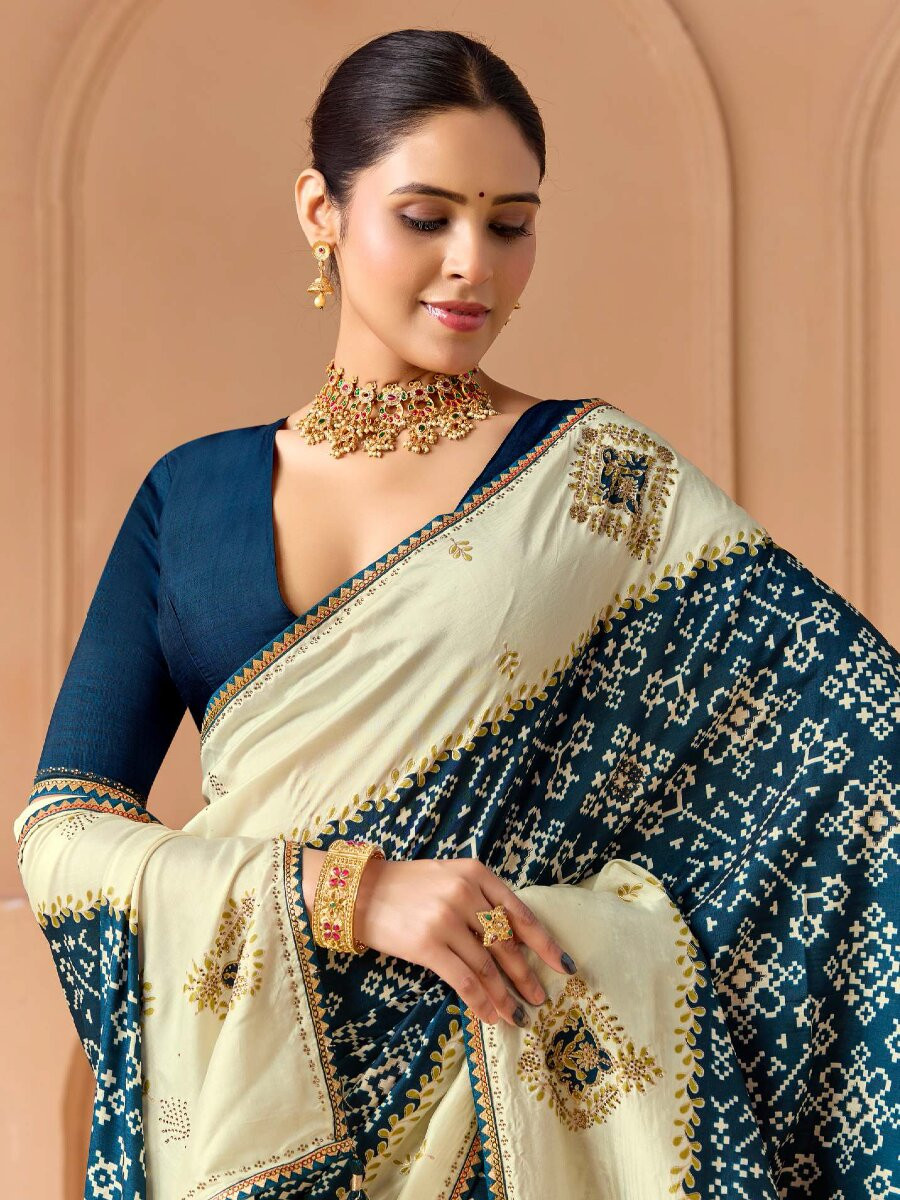 Blue Silk Printed Stone Work Wedding Reception Party Festival Casual Heavy Border Sarees