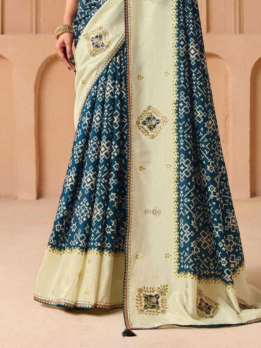 Blue Silk Printed Stone Work Wedding Reception Party Festival Casual Heavy Border Sarees