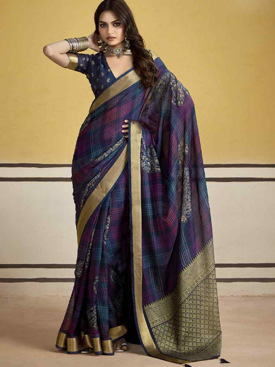 Blue Silk Printed with Handwoven Festival Wedding Fancy Heavy Border Saree