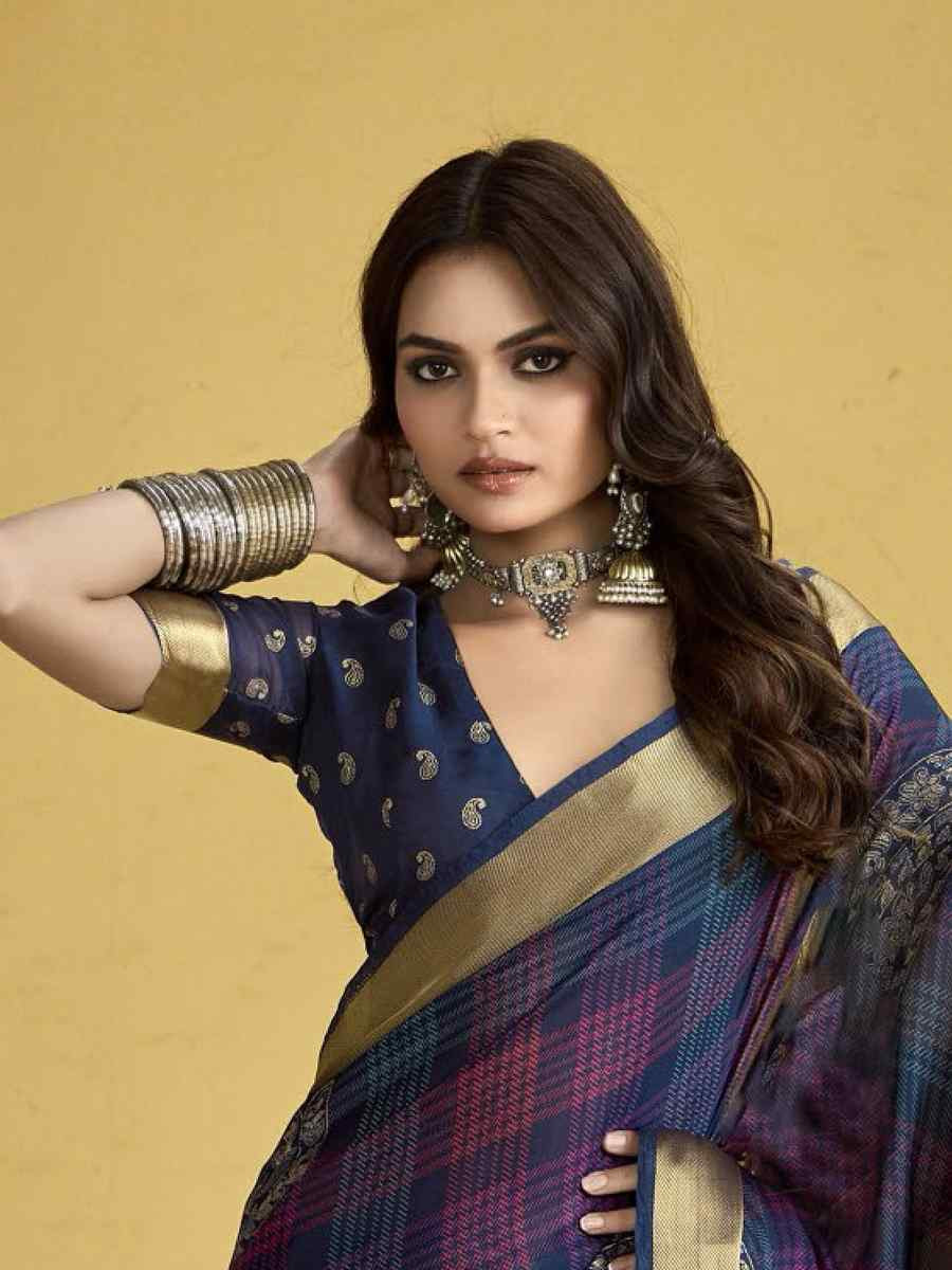 Blue Silk Printed with Handwoven Festival Wedding Fancy Heavy Border Saree