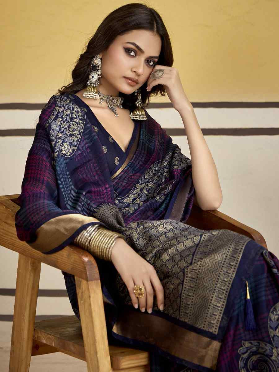 Blue Silk Printed with Handwoven Festival Wedding Fancy Heavy Border Saree