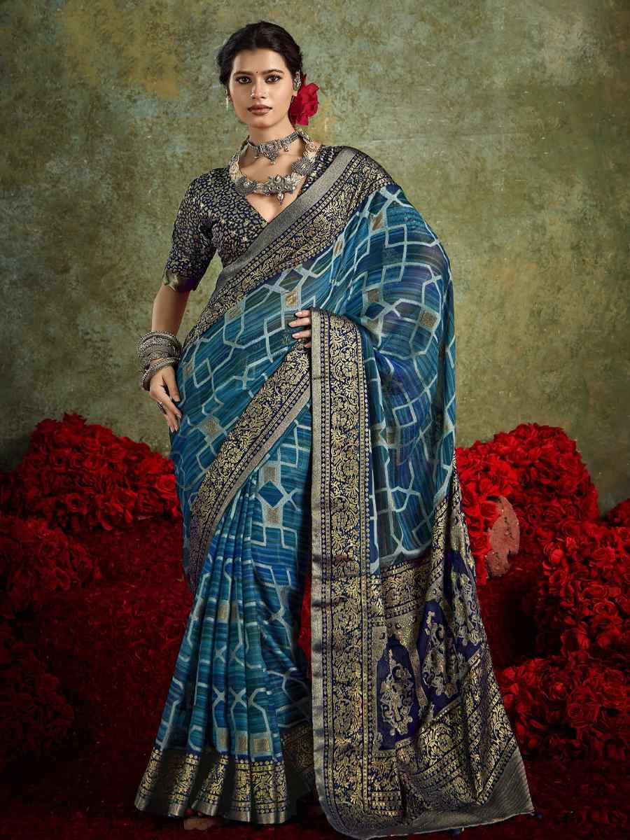 Blue Silk Printed with Handwoven Festival Wedding Fancy Heavy Border Saree