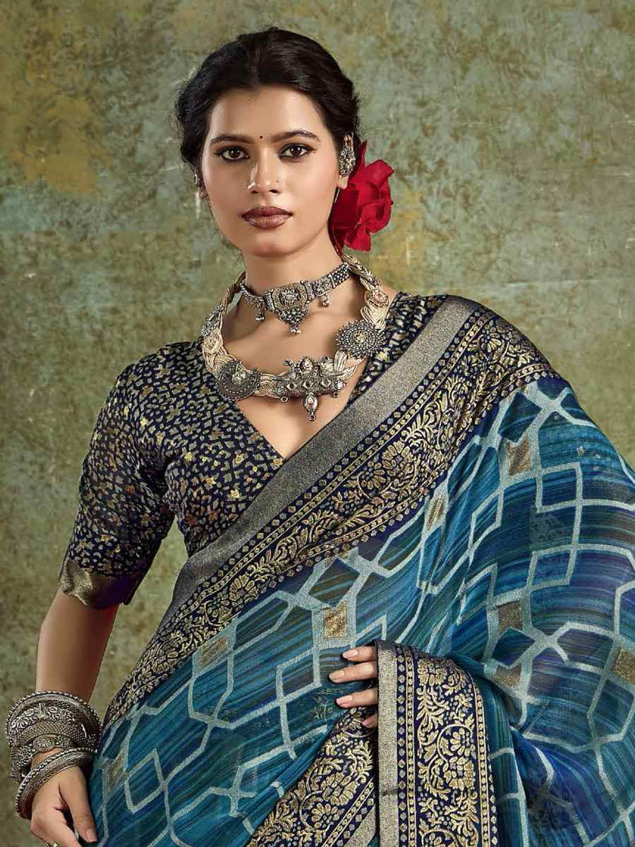 Blue Silk Printed with Handwoven Festival Wedding Fancy Heavy Border Saree