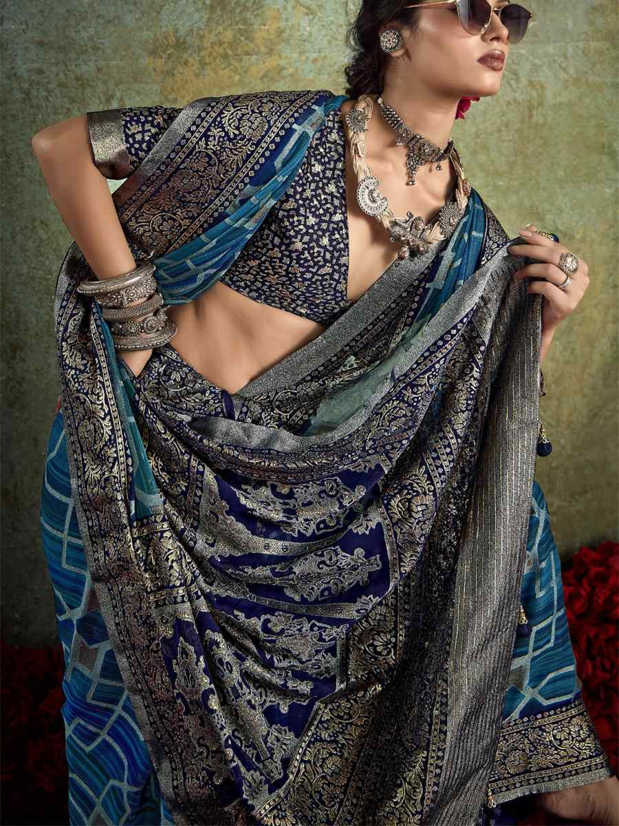 Blue Silk Printed with Handwoven Festival Wedding Fancy Heavy Border Saree