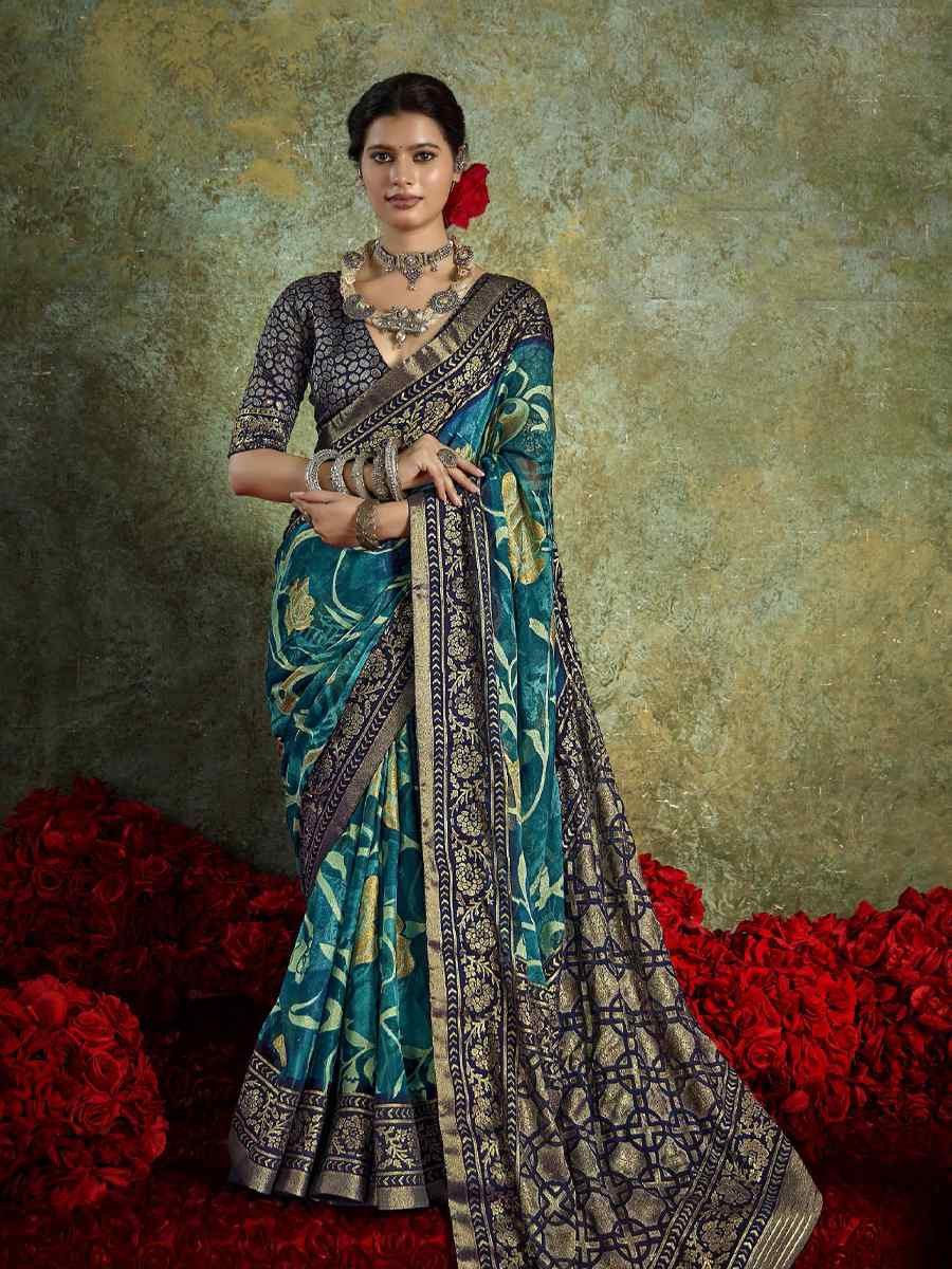 Blue Silk Printed with Handwoven Festival Wedding Fancy Heavy Border Saree