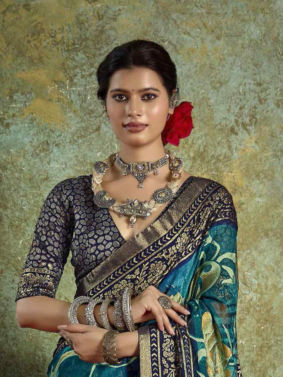 Blue Silk Printed with Handwoven Festival Wedding Fancy Heavy Border Saree