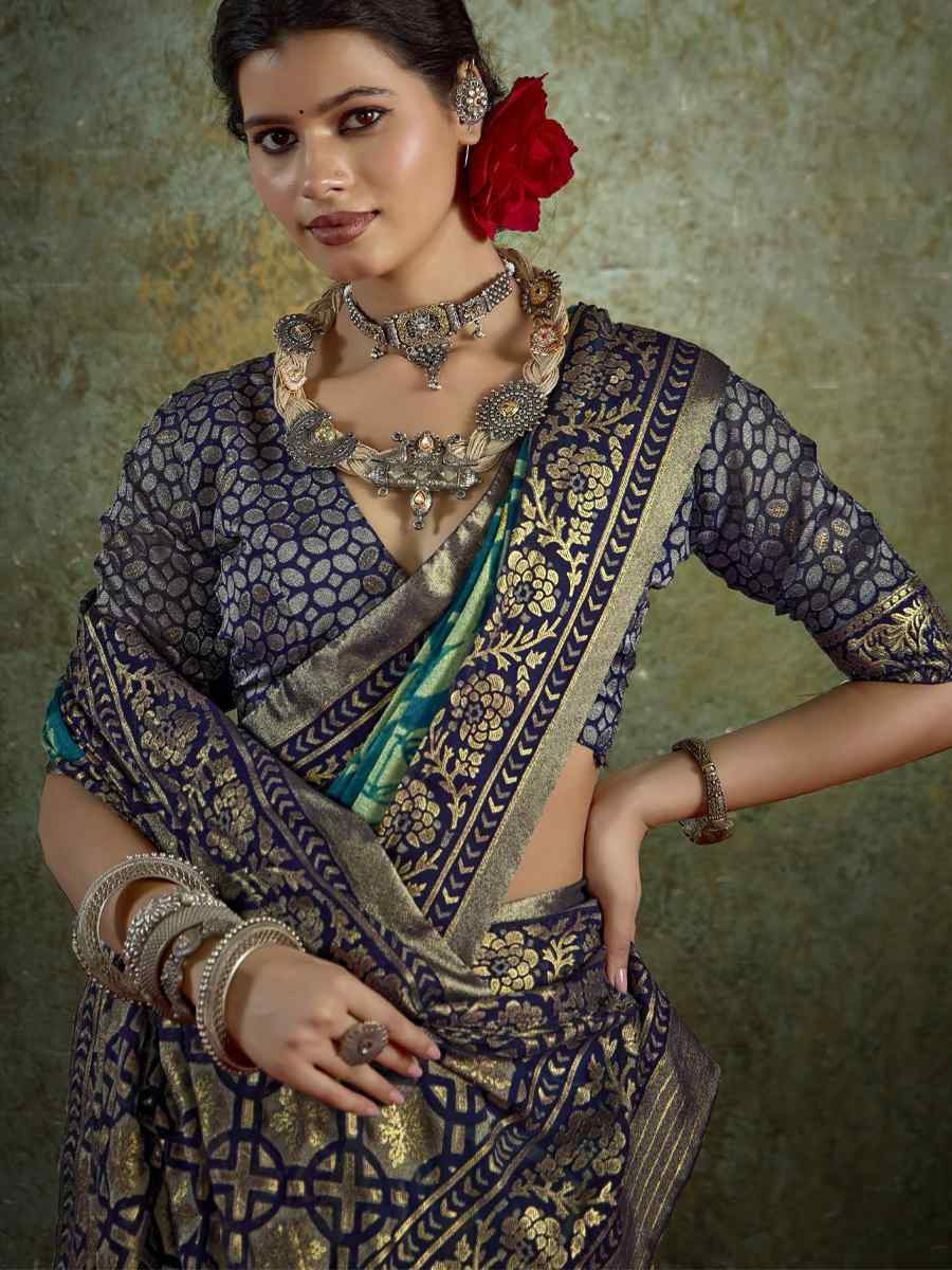 Blue Silk Printed with Handwoven Festival Wedding Fancy Heavy Border Saree