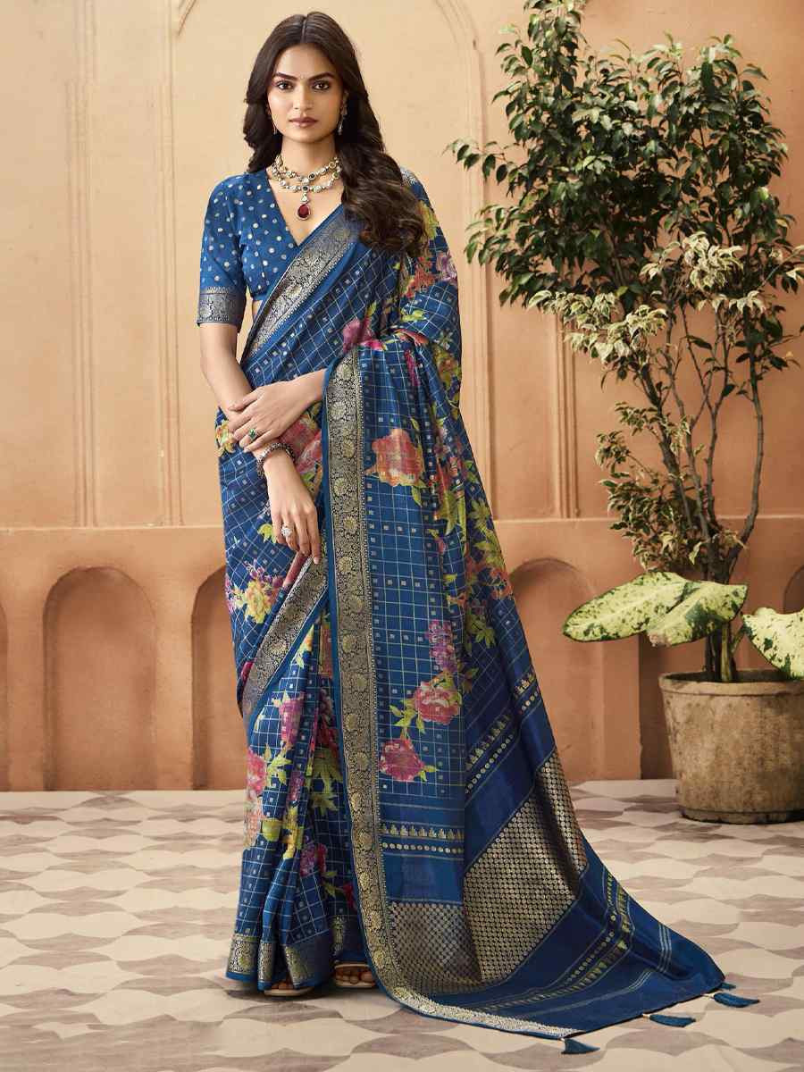 Blue Silk Printed with Handwoven Festival Wedding Fancy Heavy Border Saree