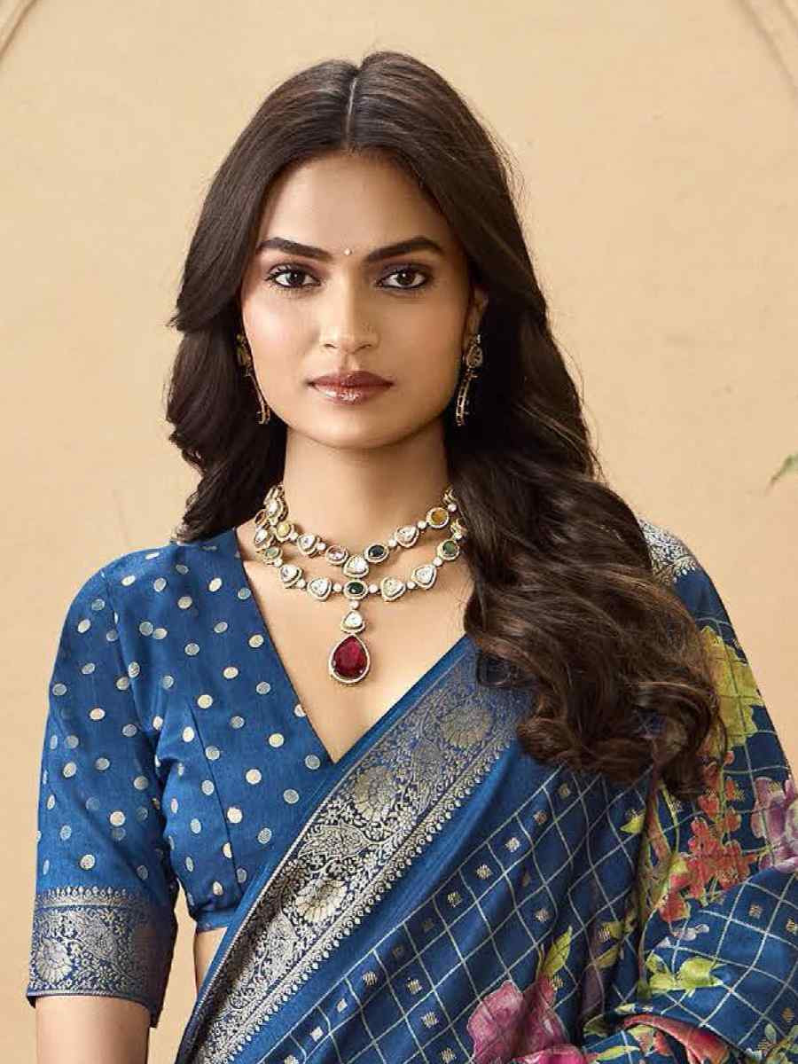 Blue Silk Printed with Handwoven Festival Wedding Fancy Heavy Border Saree