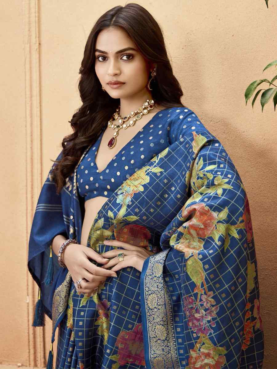 Blue Silk Printed with Handwoven Festival Wedding Fancy Heavy Border Saree