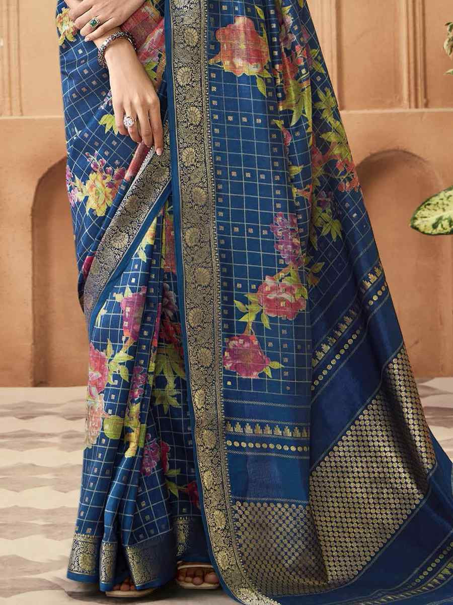 Blue Silk Printed with Handwoven Festival Wedding Fancy Heavy Border Saree