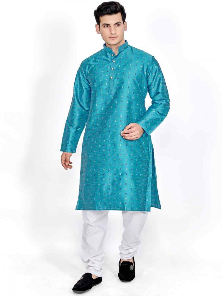 Blue Silk Woven Festival Kurta