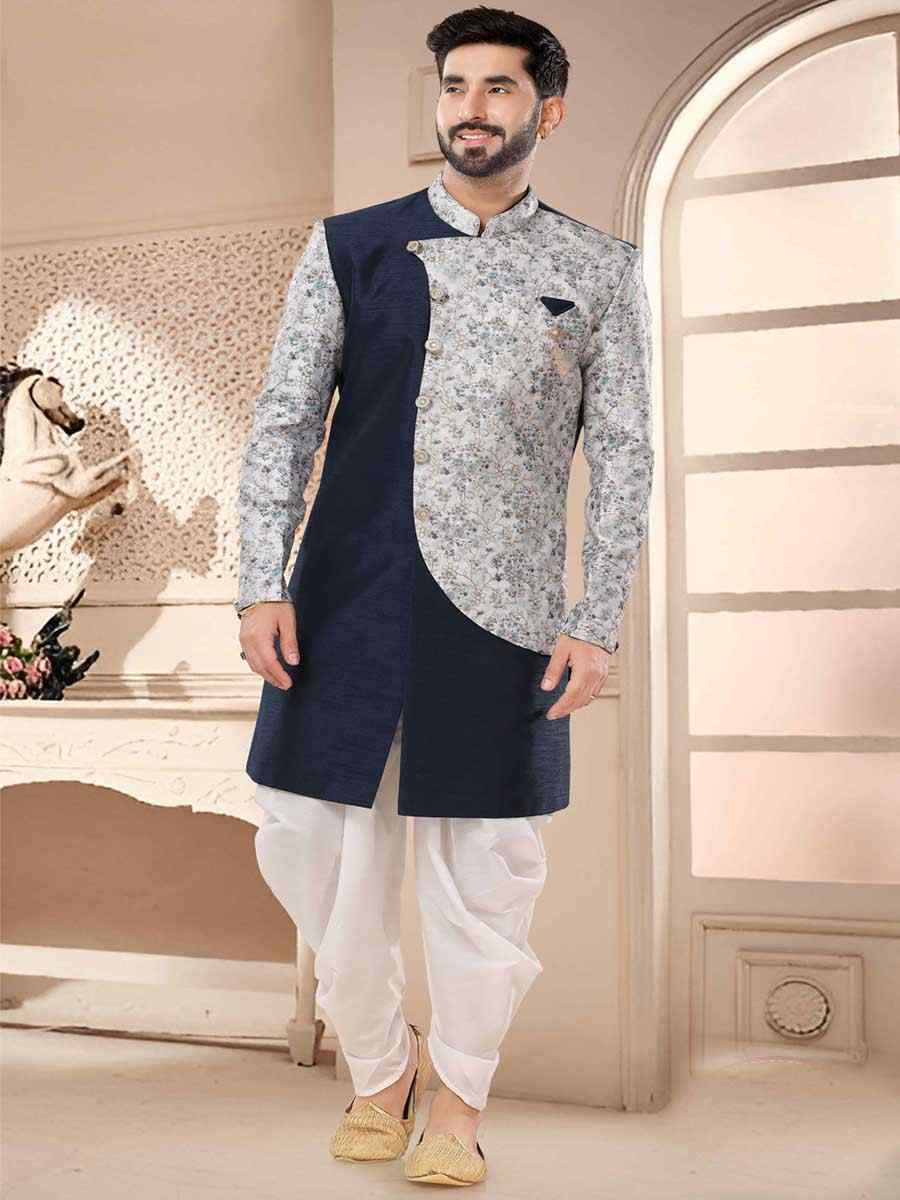 Blue Silk Woven Festival Wedding Kurta