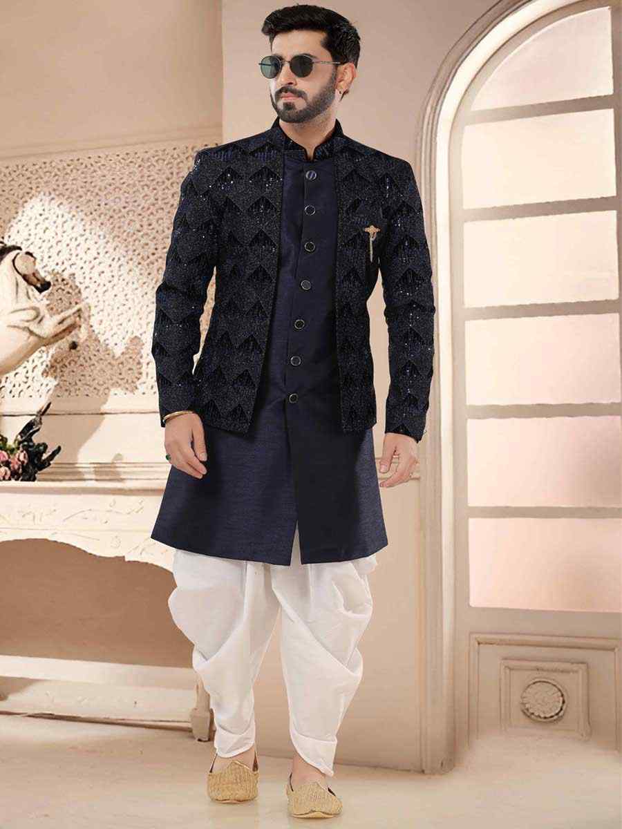 Blue Silk Woven Festival Wedding Kurta