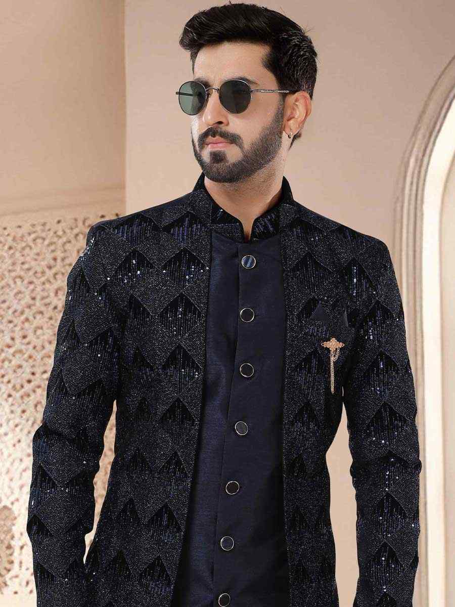 Blue Silk Woven Festival Wedding Kurta