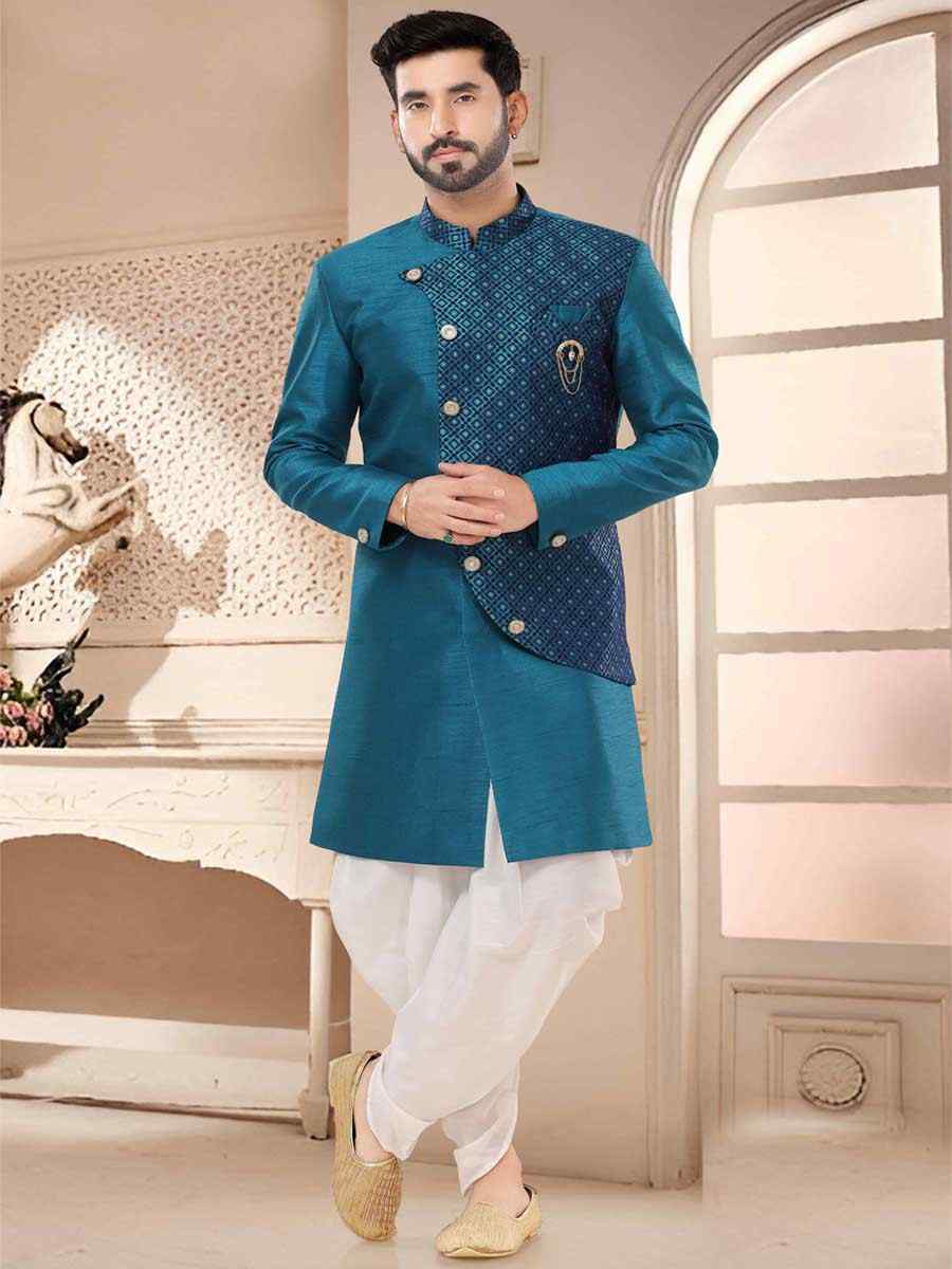 Blue Silk Woven Festival Wedding Kurta