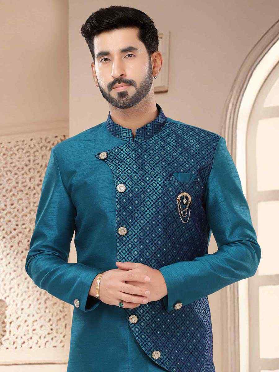 Blue Silk Woven Festival Wedding Kurta