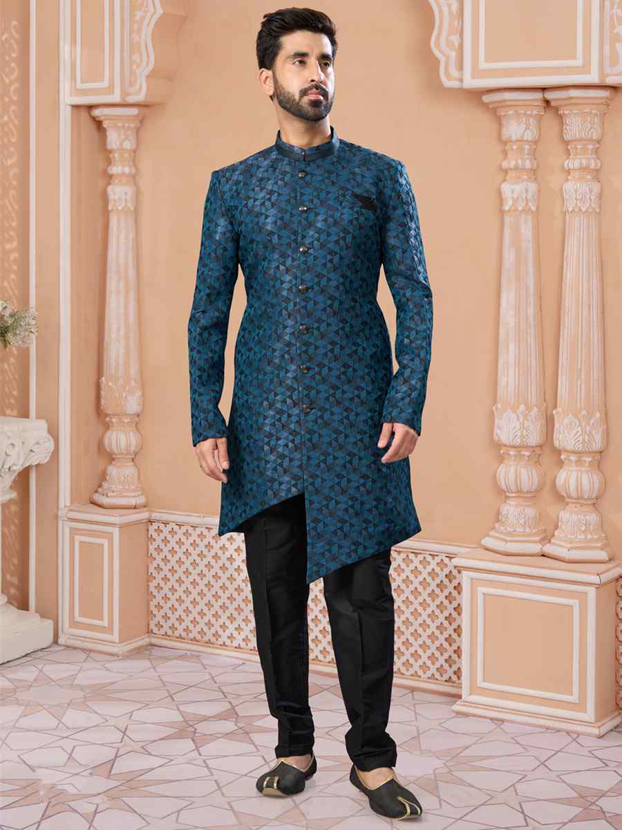 Blue Singham Jacquard Embroidered Groom Wedding Sherwani