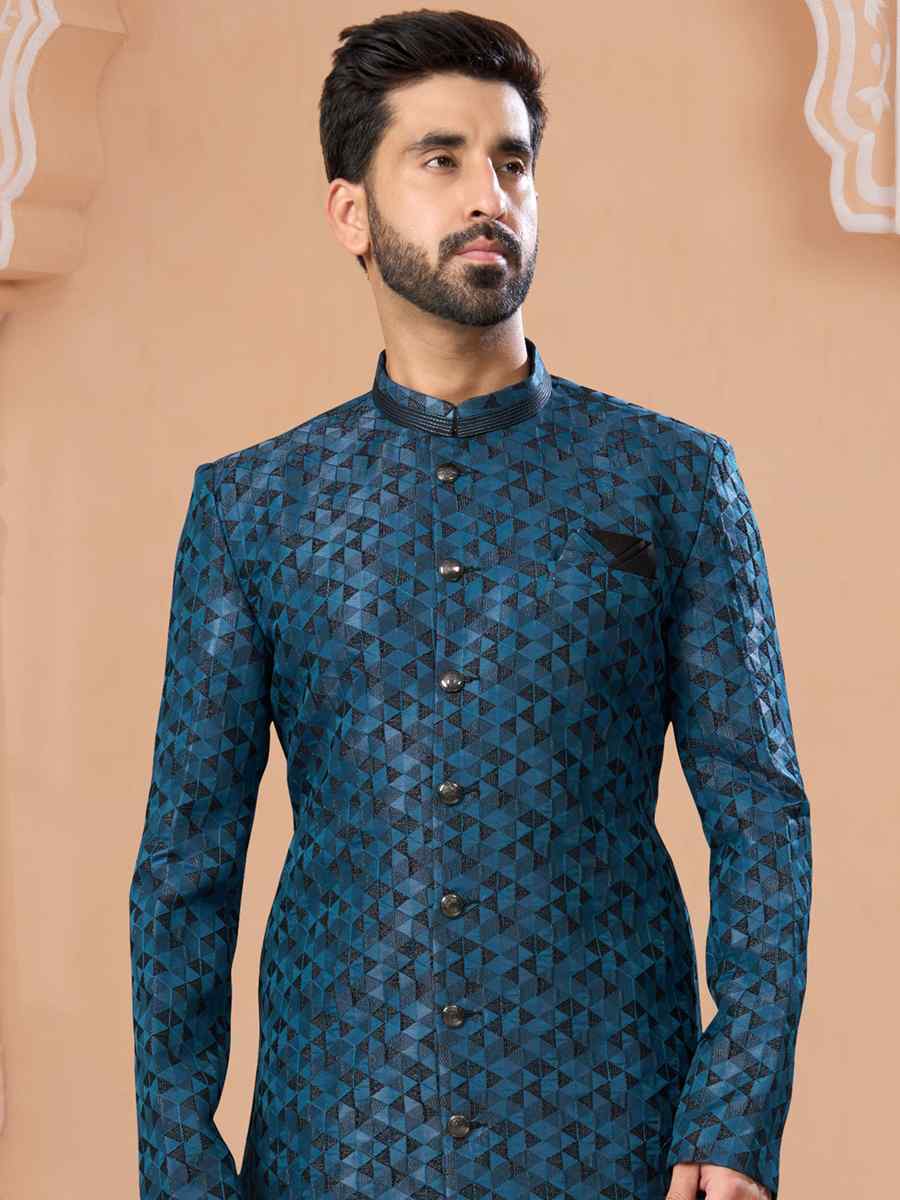 Blue Singham Jacquard Embroidered Groom Wedding Sherwani