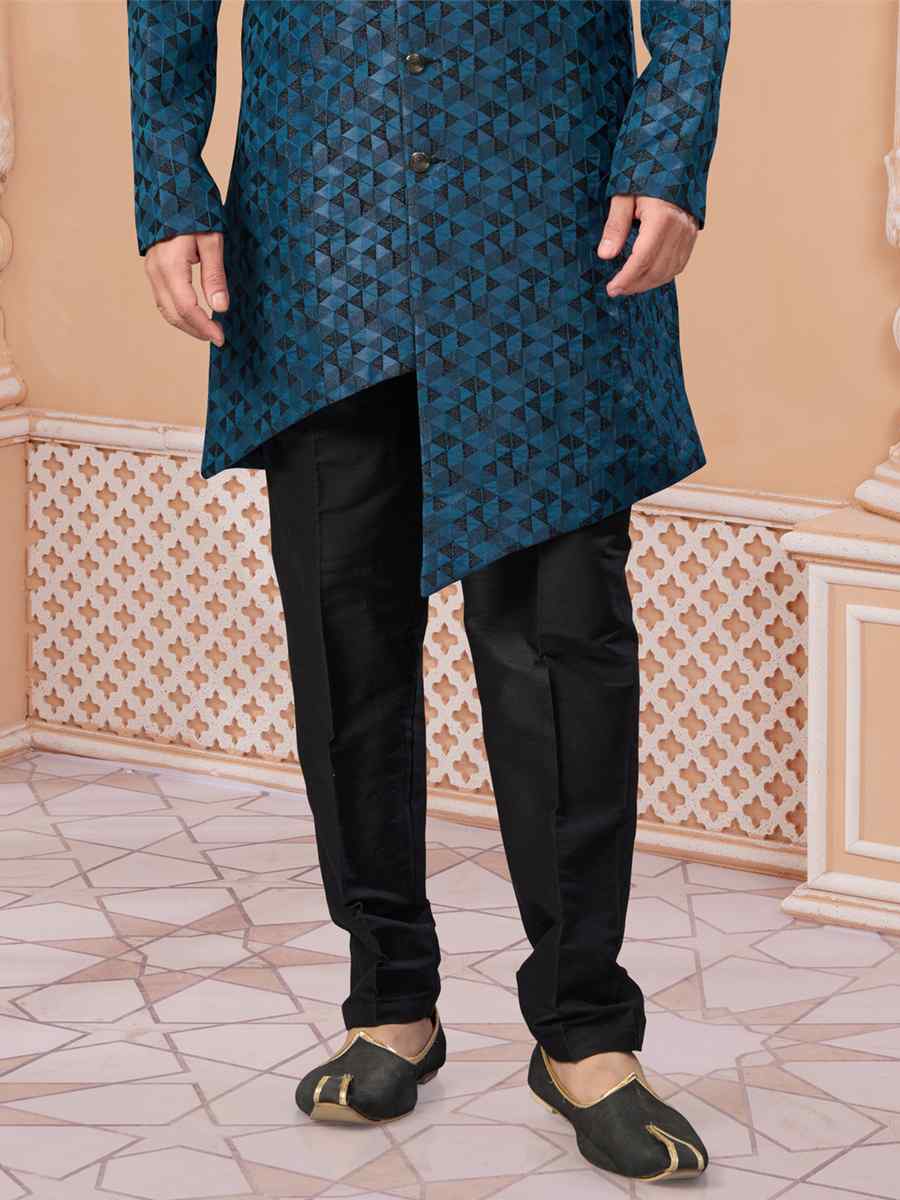 Blue Singham Jacquard Embroidered Groom Wedding Sherwani