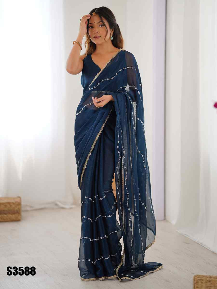 Blue Sitara Chiffon Embroidered Festival Wedding Fancy Heavy Border Saree