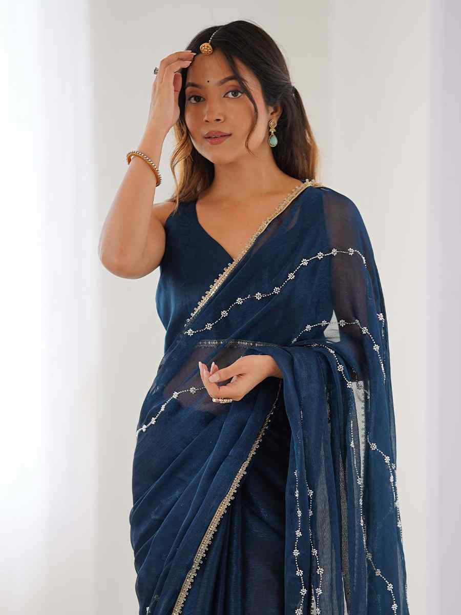 Blue Sitara Chiffon Embroidered Festival Wedding Fancy Heavy Border Saree