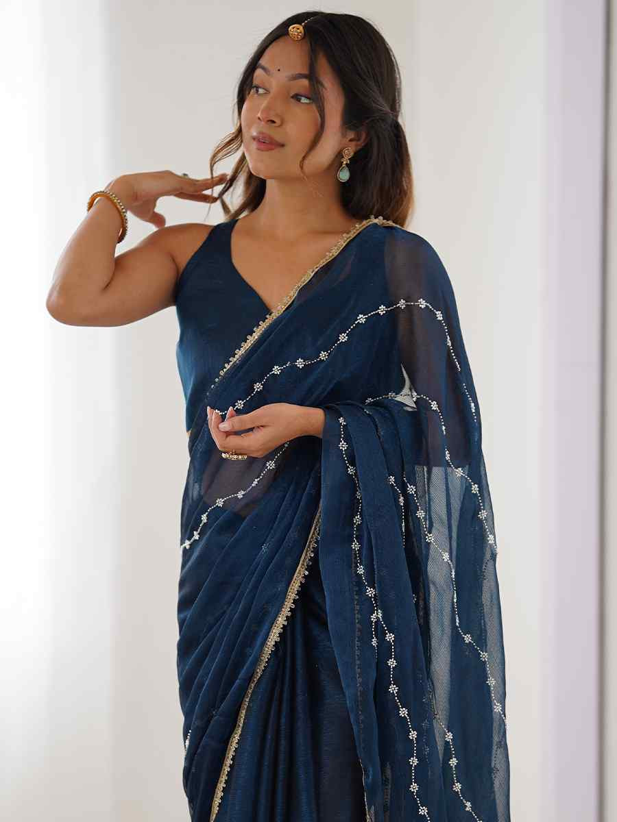 Blue Sitara Chiffon Embroidered Festival Wedding Fancy Heavy Border Saree