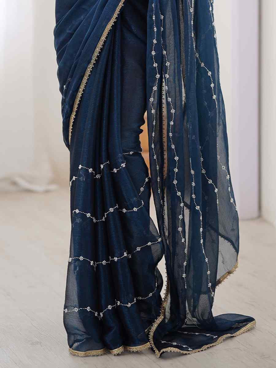 Blue Sitara Chiffon Embroidered Festival Wedding Fancy Heavy Border Saree