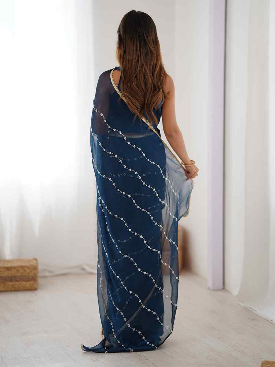 Blue Sitara Chiffon Embroidered Festival Wedding Fancy Heavy Border Saree