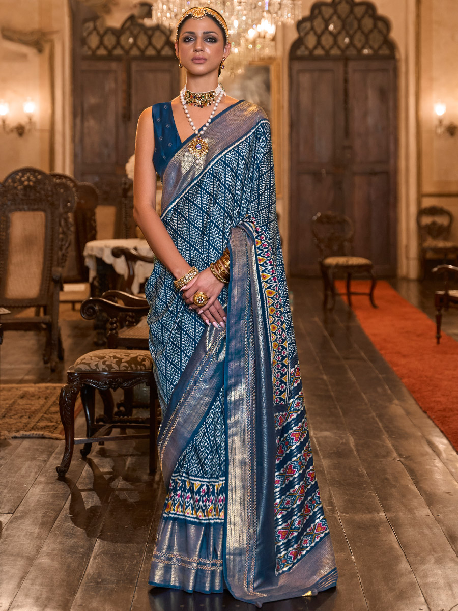 Blue Smuth Patola Silk Handwoven Wedding Festival Heavy Border Saree