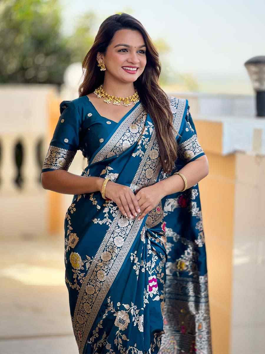 Blue Soft Banarashi Silk Handwoven Festival Wedding Fancy Heavy Border Saree