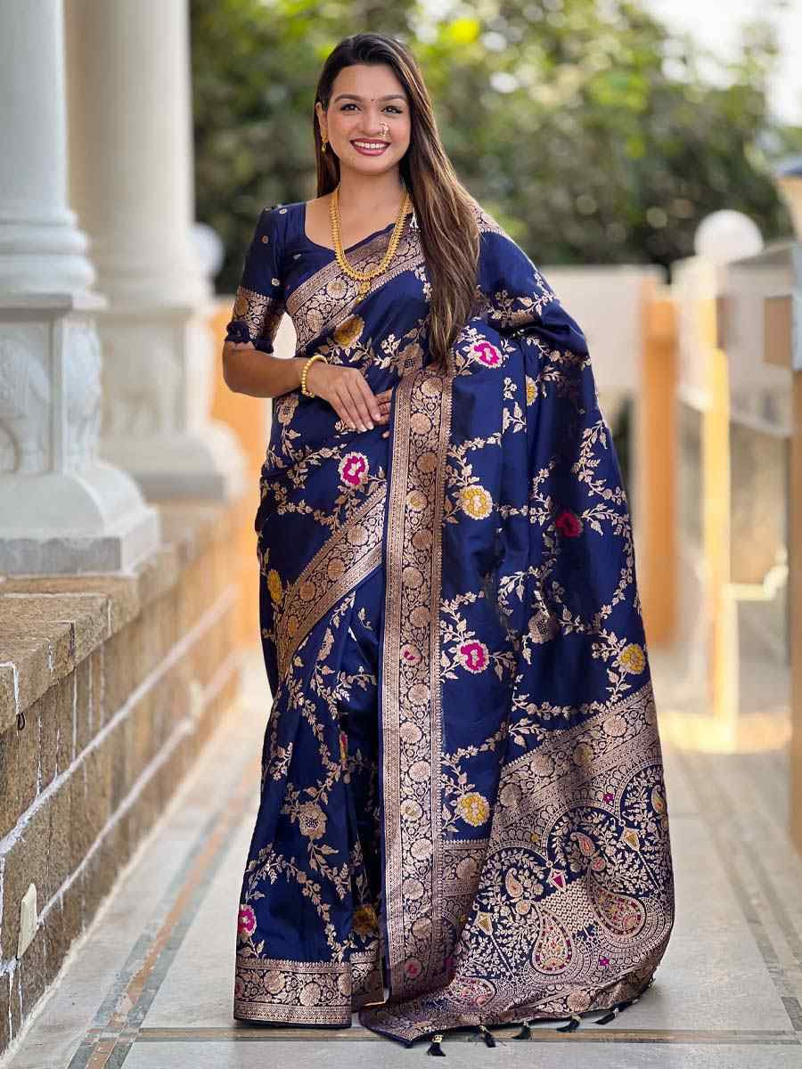 Blue Soft Banarashi Silk Handwoven Festival Wedding Fancy Heavy Border Saree