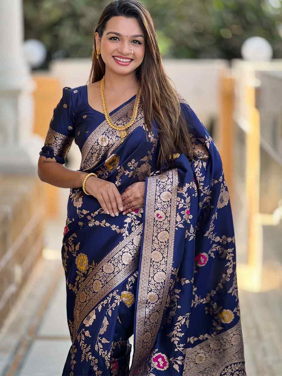 Blue Soft Banarashi Silk Handwoven Festival Wedding Fancy Heavy Border Saree