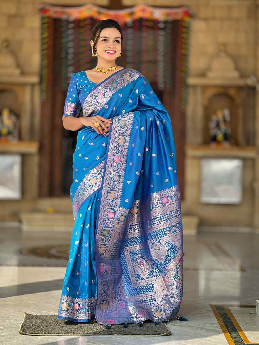Blue Soft Banarashi Silk Handwoven Festival Wedding Heavy Border Saree