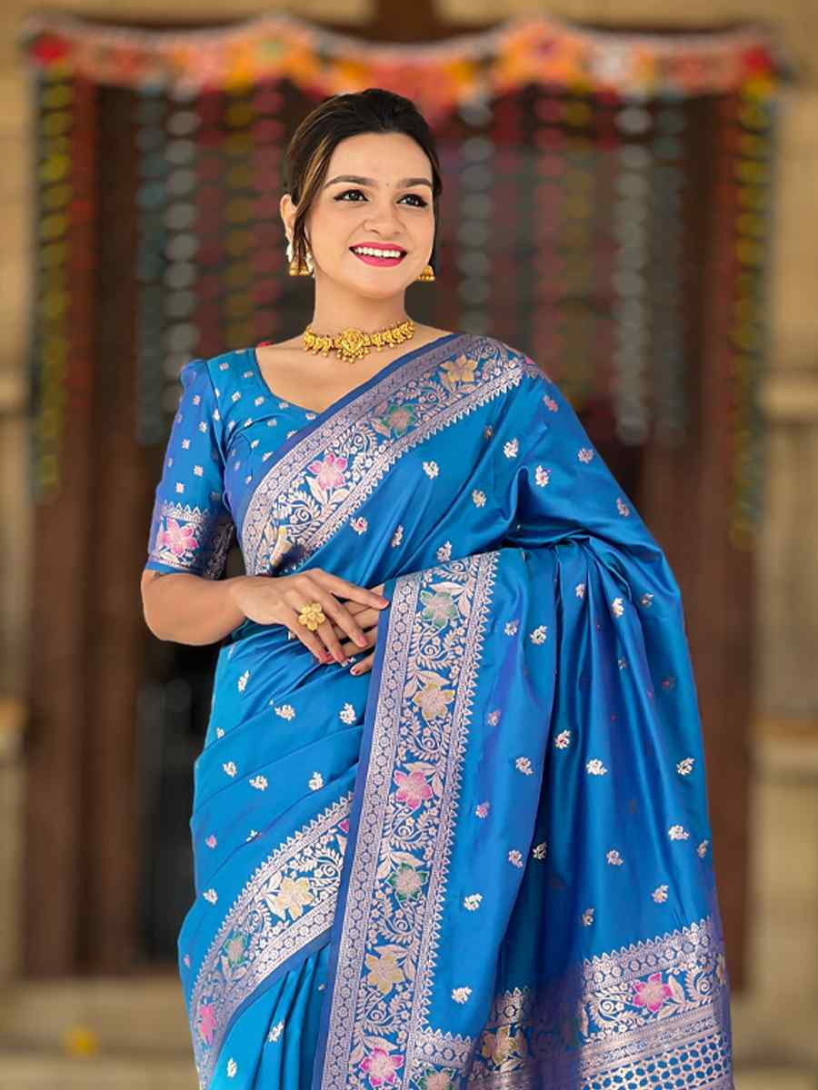 Blue Soft Banarashi Silk Handwoven Festival Wedding Heavy Border Saree