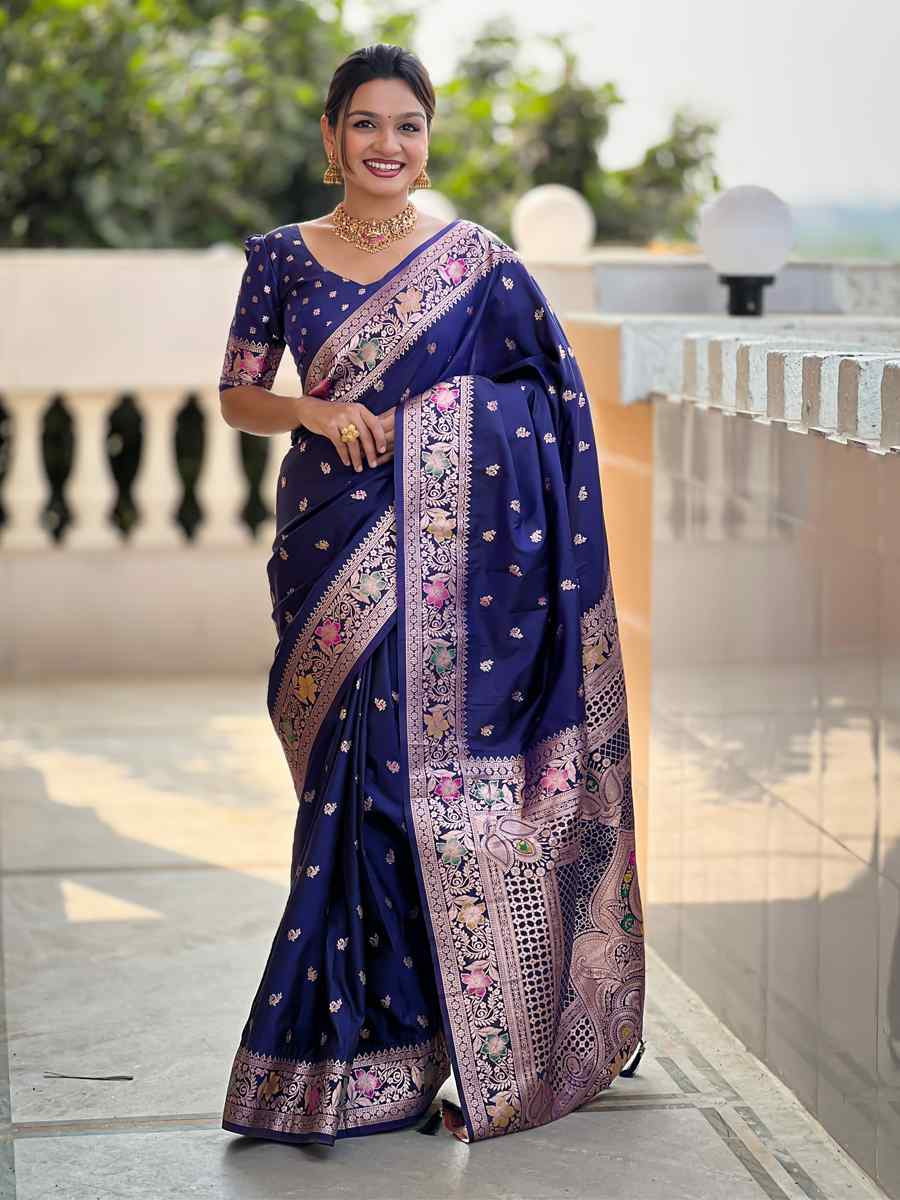Blue Soft Banarashi Silk Handwoven Festival Wedding Heavy Border Saree