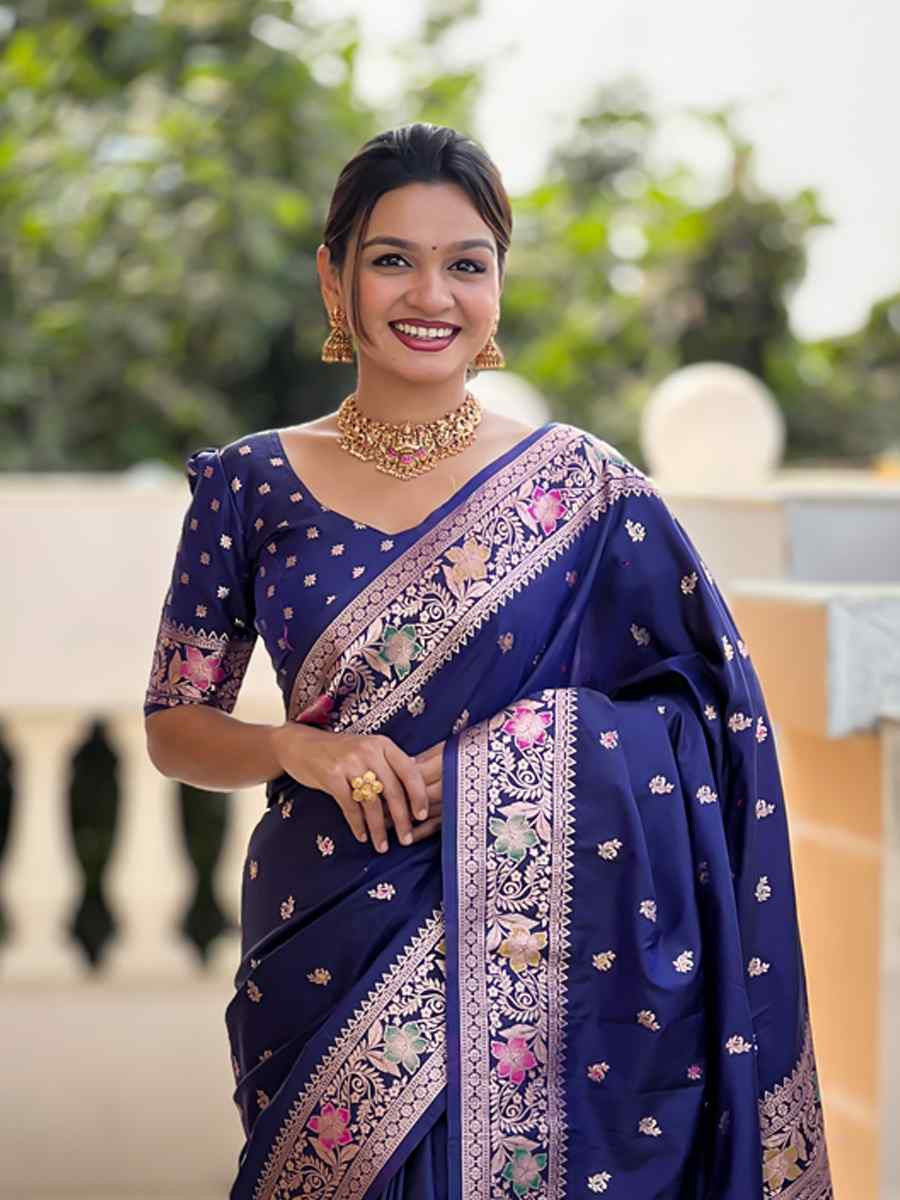 Blue Soft Banarashi Silk Handwoven Festival Wedding Heavy Border Saree