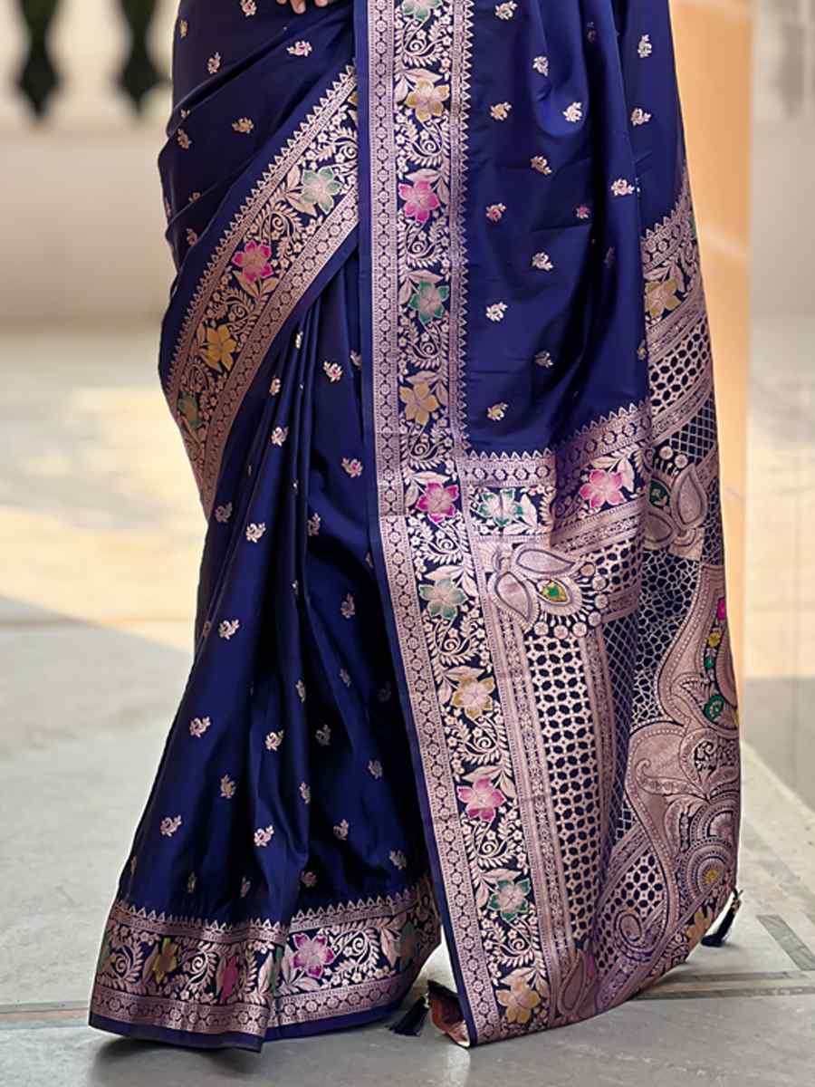 Blue Soft Banarashi Silk Handwoven Festival Wedding Heavy Border Saree