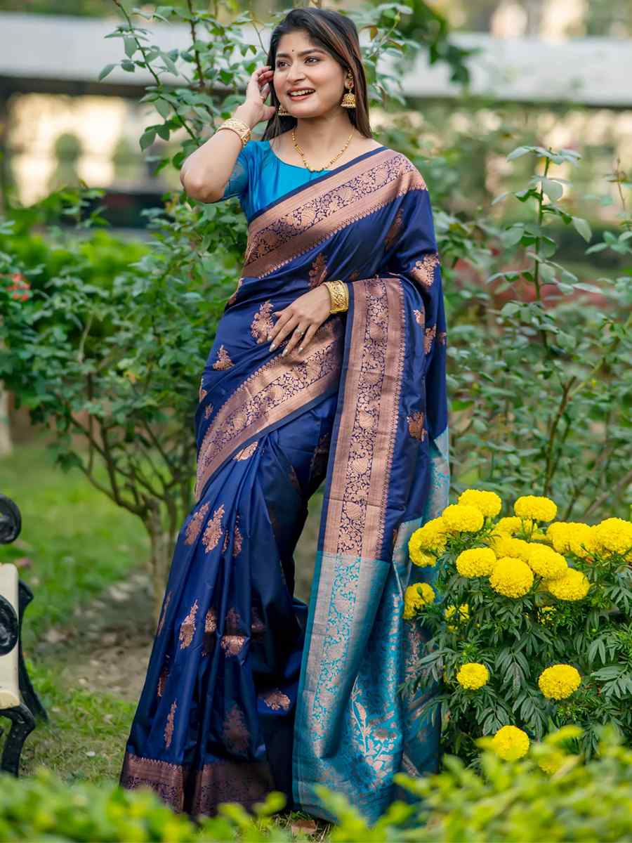 Blue Soft Banarasi Silk Handwoven Festival Festival Heavy Border Saree