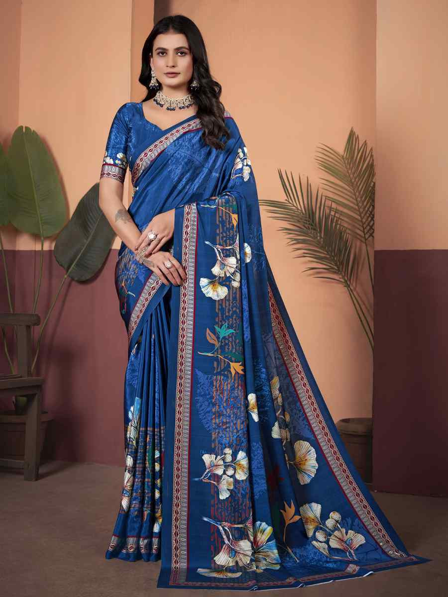 Blue Soft Crepe Silk Printed Festival Wedding Heavy Border Saree