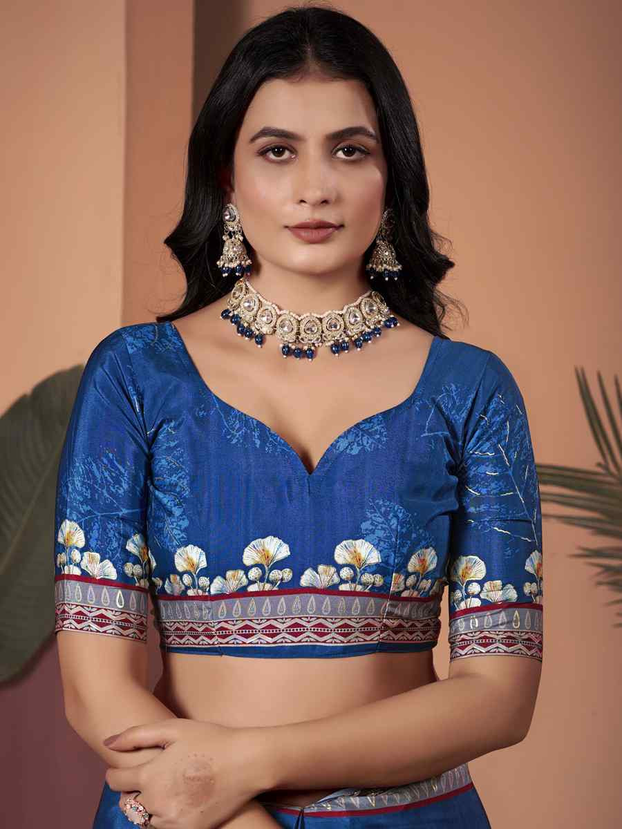 Blue Soft Crepe Silk Printed Festival Wedding Heavy Border Saree